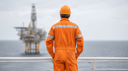 A safety-conscious worker in bright orange gear stands at the edge of a deck, gazing at an offshore oil platform, showcasing a maritime industrial scene.の素材