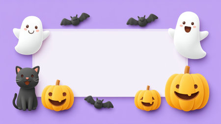 Delight in this playful Halloween scene featuring cute ghosts, bats, a black cat, and smiling pumpkins, perfect for holiday decorations and festive events.の素材
