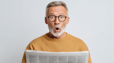 A surprised senior man with glasses is reading a newspaper and expressing his shock. The light background enhances his emotion, showcasing an eye-catching reaction to unexpected news.の素材