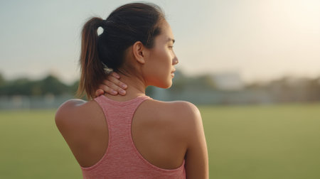 A young woman in a light pink tank top stretches on a green field at sunset, gently easing neck and shoulder tension while embracing a serene outdoor atmosphere.の素材