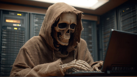 A haunting scene featuring a skeleton in a hooded cloak, intensely focused on a laptop within a dim server room filled with technology and mystery.の素材