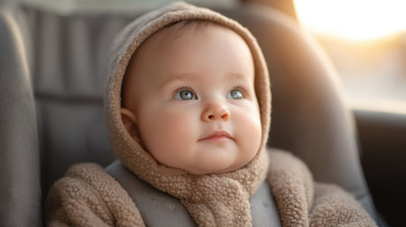 A charming baby with bright eyes and a cozy hoodie sits in a car seat, basking in warm light. This image captures the essence of childhood innocence and comfort.の素材