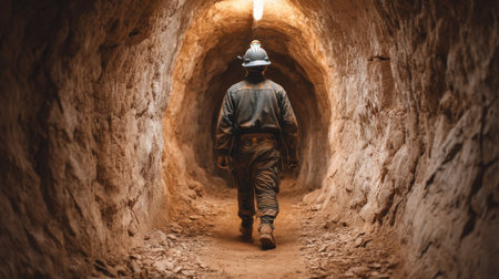 A miner walks confidently through a narrow underground tunnel, illuminated by a headlamp, showcasing the rugged terrain and hard work involved in mining.の素材