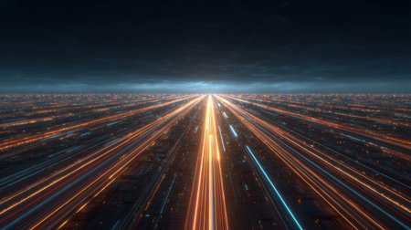 A captivating view of a futuristic urban landscape featuring bright light trails representing high-speed data streams stretching towards the horizon under a dark sky.の素材