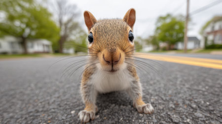A charming close-up of a curious squirrel standing on a paved road, surrounded by green trees and homes, highlighting the beauty of wildlife in urban settings.の素材