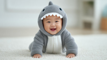 This delightful image features a smiling baby in a cozy shark costume, crawling on a soft carpet in a bright indoor space, showcasing joy and innocence.の素材