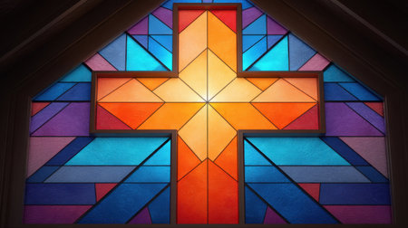 A beautiful stained glass window featuring a cross design, showcasing vibrant colors and geometric patterns. This artwork captures spiritual essence and architectural beauty.の素材