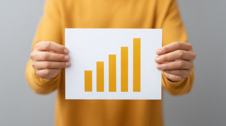 A person holds a chart showcasing upward trends, symbolizing business growth and success. The professional setting emphasizes data-driven decision-making in finance and strategy.の素材
