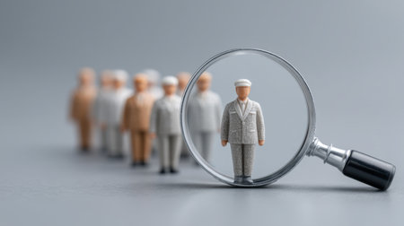 A carefully arranged scene featuring a centered miniature figure in a gray suit under magnification, illustrates the theme of individuality in a professional context.の素材