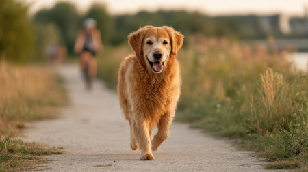 A joyful golden retriever runs along a scenic path at sunset, embodying companionship and vitality against a backdrop of nature and a cyclist.の素材