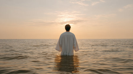 A serene image of a person standing in calm ocean water at sunrise, capturing the tranquility and beauty of nature in early morning light and gentle waves.の素材