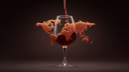 This creative image features a wine glass filled with red liquid shaped like a world map, representing the connection between global cultures and wine appreciation.の素材