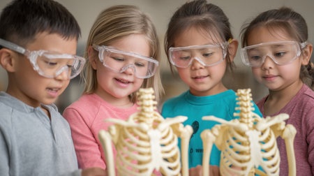 A group of four children wearing safety goggles gathers around anatomical skeletal models in a classroom. They explore, learn, and enjoy a hands-on science experience together.の素材
