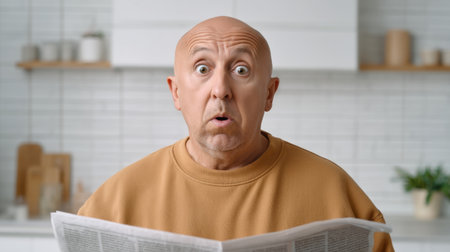 A bald man displays a look of surprise as he reads the newspaper in a modern kitchen, capturing a genuine moment of emotional discovery in daily life.の素材