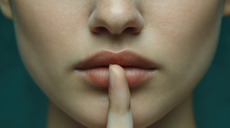 A serene close-up portrait of a woman making a silence gesture with her finger on her lips, showcasing the beauty of calmness and the quiet power of nonverbal communication.の素材