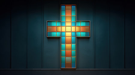 A stunning illuminated cross made of colorful stained glass panels casts a beautiful glow in a modern setting, perfect for themes of spirituality and faith.の素材