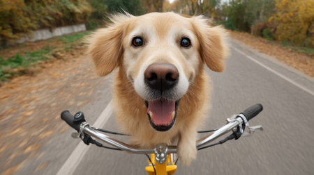 A joyful golden retriever rides on a bicycle, showcasing a playful spirit and excitement in a vibrant autumn landscape filled with colorful leaves and open roads.の素材