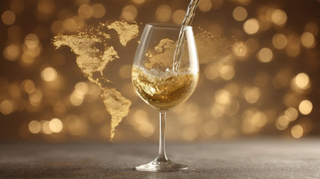 An elegant glass showcases a sparkling beverage as it pours against a shimmering golden background featuring a world map, evoking celebration and luxury.の素材