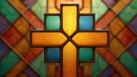 A stunning stained glass cross radiates vibrant colors, set against a beautifully crafted backdrop. This image evokes themes of spirituality, faith, and art.の素材