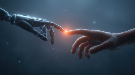 This image captures a striking moment between a human hand and a robotic hand, symbolizing the connection between humanity and advanced technology.の素材