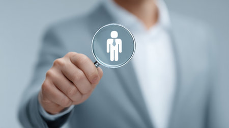 A business professional uses a magnifying glass to symbolize the careful examination of human resources, emphasizing the importance of employee recruitment and selection.の素材