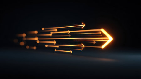 This dynamic image features glowing arrows that convey energy and speed, ideal for representing progress and innovation in various creative projects.の素材