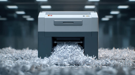 A modern paper shredder in a sleek office producing shredded paper debris. The image captures the importance of document security and efficient waste management.の素材