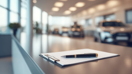 A sleek pen rests on a clipboard with blank paper on a polished wooden table in a sophisticated car dealership showcasing luxury vehicles in a blurred background.の素材