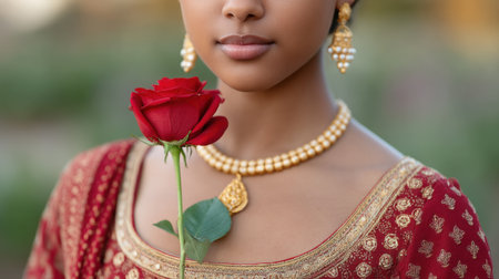 A stunning portrait of a young woman in traditional attire gracefully holding a red rose, set against a soft background, capturing the essence of beauty and cultural heritage.の素材