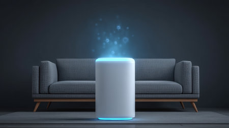 This image captures a modern living room with a stylish sofa and a futuristic device, creating a unique atmosphere with glowing particles and contemporary design elements.の素材