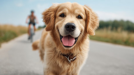 A happy golden retriever dog stands on a sunny road, smiling at the camera while a person rides a bicycle in the background. The scene captures joy and companionship outdoors.の素材