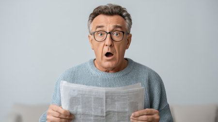 An older man demonstrates a shocked expression while holding a newspaper in a bright living room. His surprise captures the essence of unexpected news in daily life.の素材