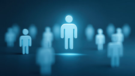 This image presents a captivating abstract visualization of individuality amid a crowd, emphasizing uniqueness with glowing figures in a serene digital landscape.の素材
