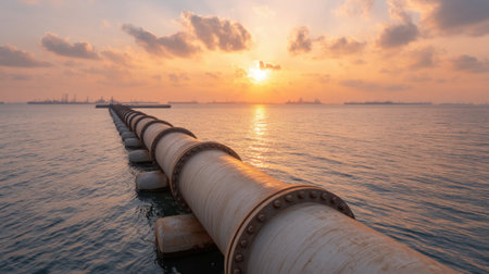 A breathtaking sunset illuminates the sky with orange hues over a long industrial pipe jetty extending into calm waters, showcasing tranquility and natural beauty.の素材