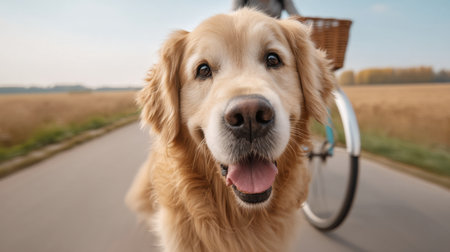 A joyful golden retriever smiles while walking alongside a bicycle on a sunny path. The serene rural landscape enhances the bond between pet and owner in a tranquil setting.の素材