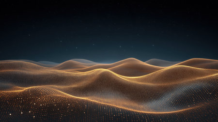 A mesmerizing abstract representation of golden wave patterns flows gracefully against a dark backdrop, perfect for enhancing digital designs and artistic projects.の素材