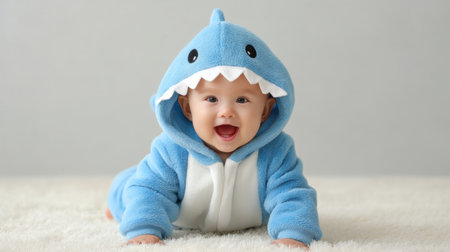 An adorable baby wearing a blue shark costume smiles widely while crawling on a soft white carpet, radiating joy and charm in this delightful portrait.の素材