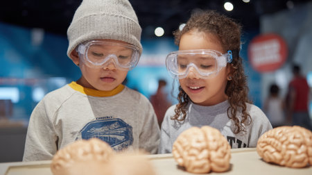 Two children wearing protective goggles engage with anatomical brain models at a science exhibit, fostering curiosity and interactive learning in a vibrant environment.の素材
