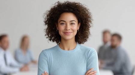 A confident young woman with curly hair smiles at the camera in a modern office. Colleagues are visible in the background, creating a collaborative atmosphere.の素材
