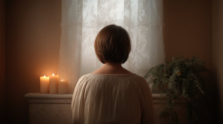 A woman sits peacefully by a window, illuminated by soft candlelight, creating a serene atmosphere filled with warmth, comfort, and tranquility. Perfect for conveying calmness.の素材