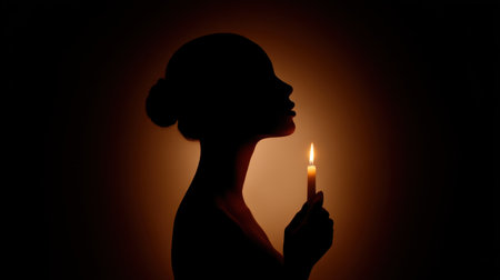 This image captures the serene silhouette of a woman holding a candle, creating a soft glow that highlights her features against a dark backdrop, evoking peace and contemplation.の素材