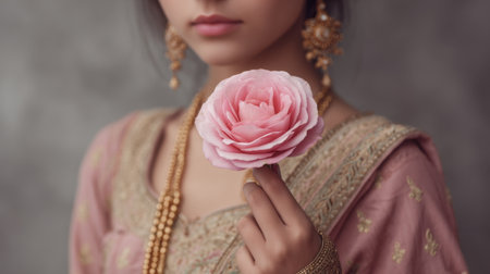 A graceful portrait of a young woman in traditional attire, gently holding a soft pink flower, embodying beauty and elegance against a serene background.の素材