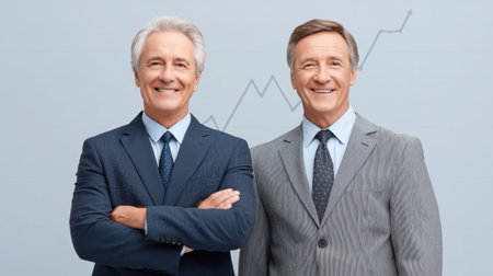 Two confident businessmen stand side by side, smiling warmly while showcasing a positive work environment. A financial growth graph is visible in the background, symbolizing success.の素材