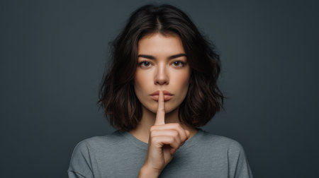 A striking portrait of a young woman with brown hair, signaling silence with her finger on her lips. This image conveys tranquility, confidence, and an elegant simplicity.の素材