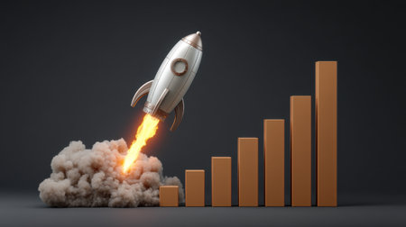 A visually striking image of a rocket launching with flames and smoke above a bar graph, symbolizing growth and progress in business and finance sectors.の素材