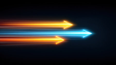 Bright colored arrows with motion blur suggest speed and direction against a dark background. Ideal for creative projects, tech themes, and innovative designs.の素材