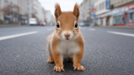 A cute squirrel with soft brown fur and a curious look stands in the middle of an urban street, surrounded by a peaceful city atmosphere in the morning light.の素材