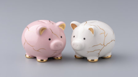 This image features two adorable piggy banks, one pink and one white, both adorned with gold accents. Ideal for illustrating themes of savings and financial responsibility.の素材