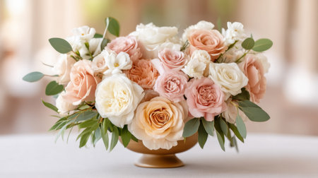 An elegant floral arrangement featuring soft peach and white roses in a decorative vase, perfect for weddings and special occasions, adding charm to any space.の素材