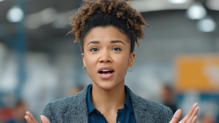 A young woman with curly hair passionately expresses her ideas in a bright, open environment. Her confident presence inspires engagement and encourages communication among peers.の素材